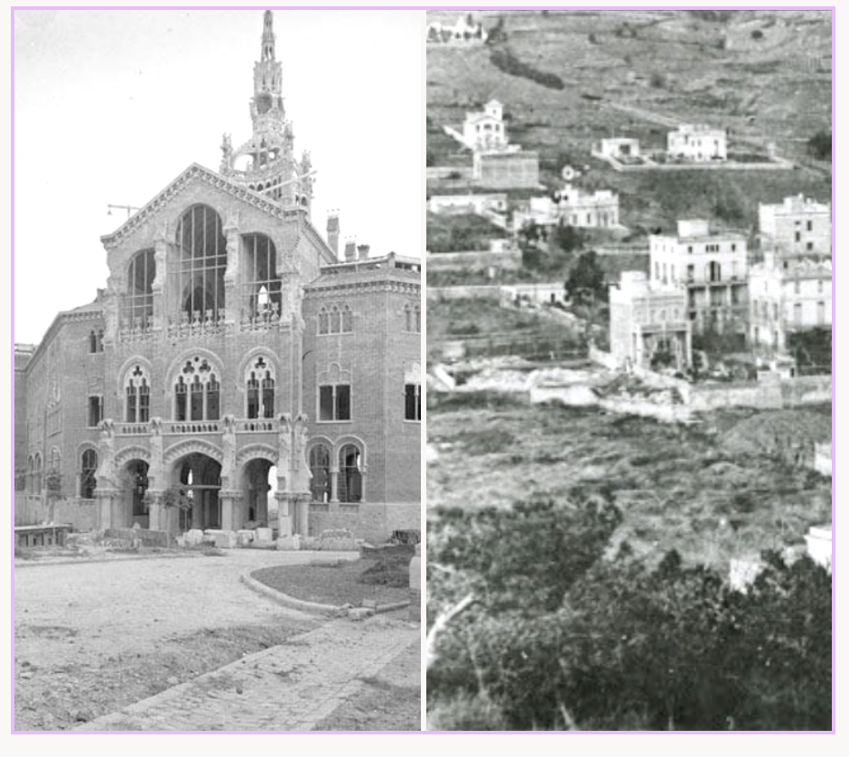 Dos fotografías históricas: el edificio de Sant Pau en construcción y una vista de casas y terrenos en una ladera