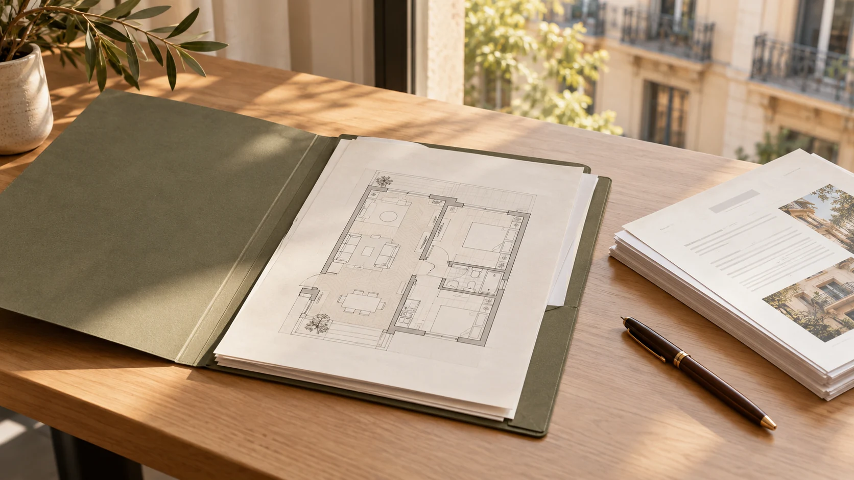 Folder with documents and a property floor plan on a desk