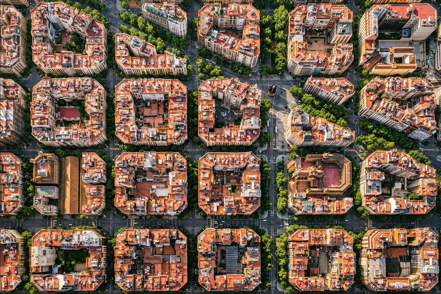 Vista aérea de las manzanas del Eixample junto a la avenida Diagonal, recreada con IA a partir de una fotografía